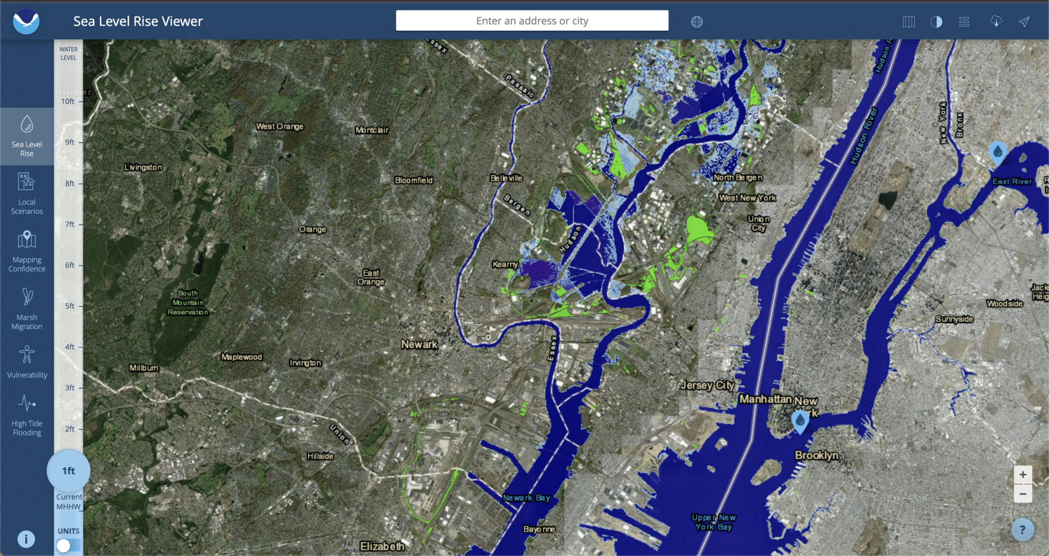 Sea Level Rise modeling for 2 feet in the Hackensack River Watershed. Click to explore.